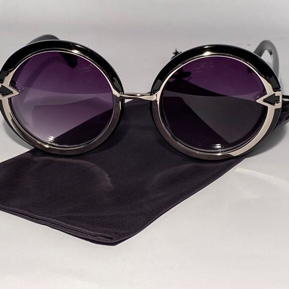 0542 Round Oversized Silver and Black Sunglasses New - Picture 1 of 9